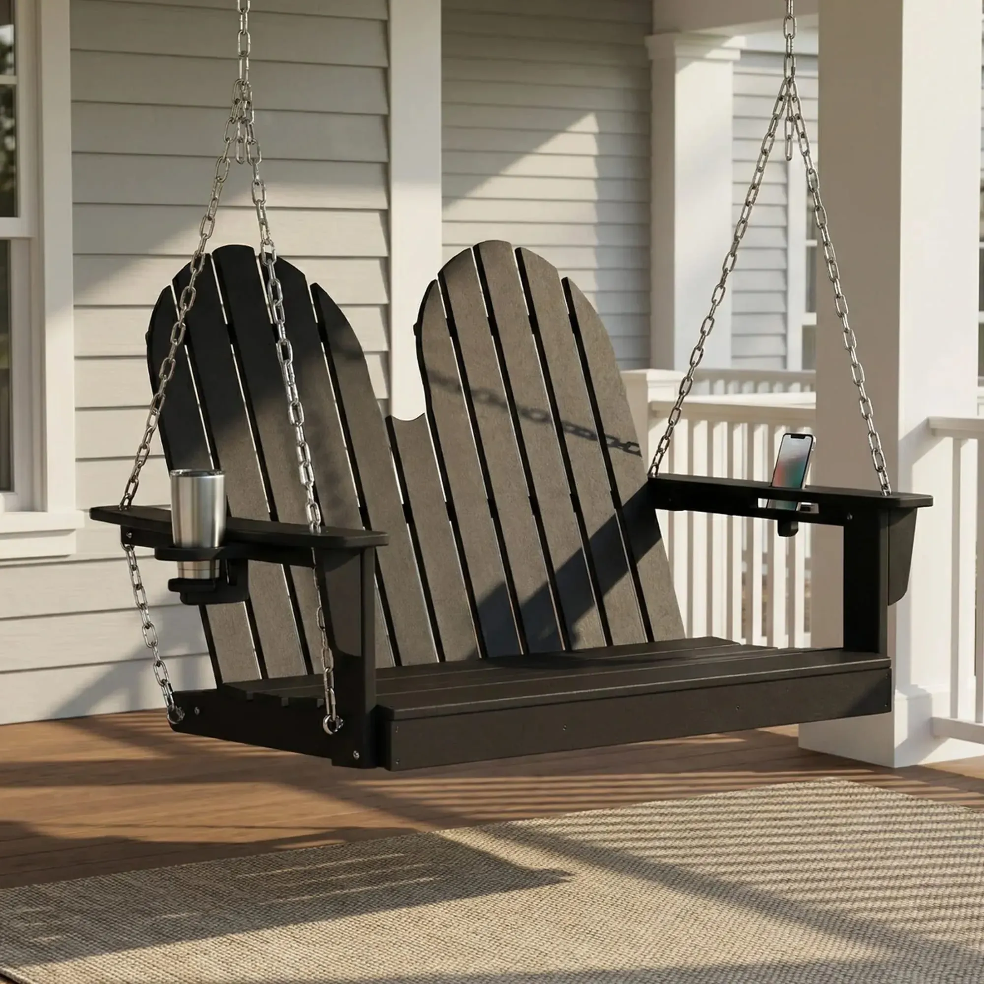 St. Augustine 4ft Outdoor HDPE Poly Famrhouse Hanging Porch Swing With Cup Holders, Black