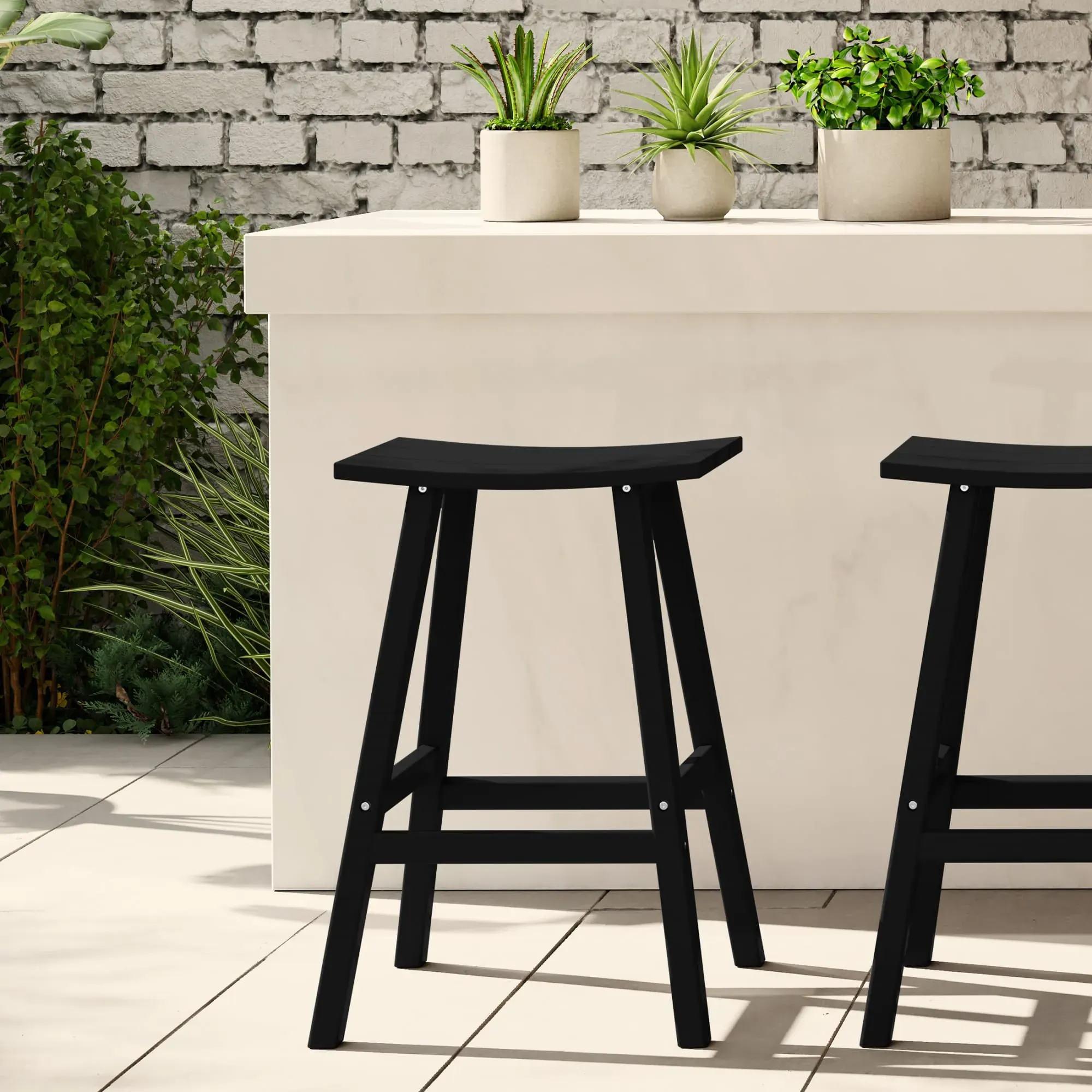 Malibu HDPE Outdoor Patio 29" Bar Stool Saddle Seat, Black